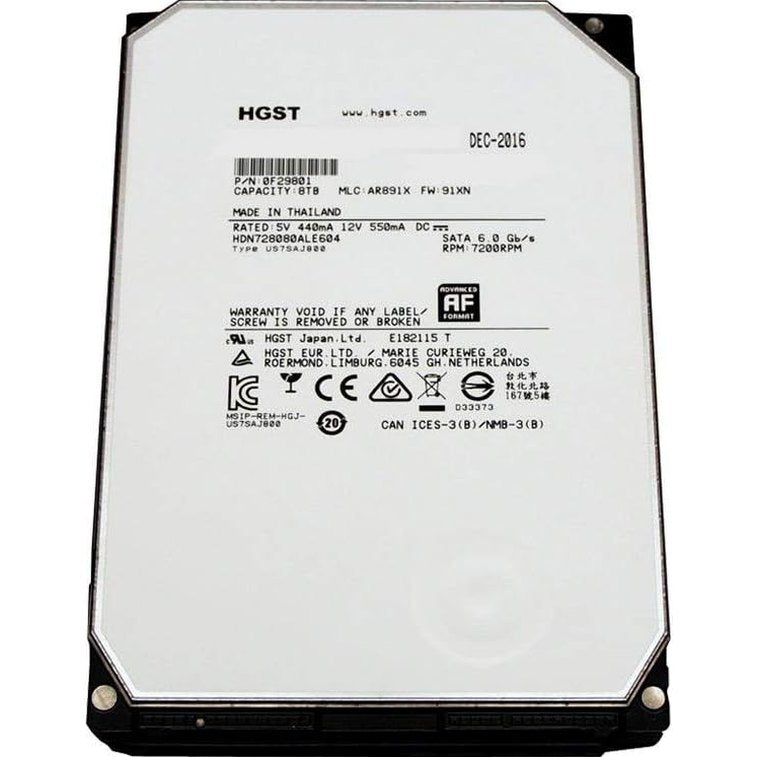 Hitachi Ultrastar He8 8TB 3.5" SATA Hard Drive 7200RPM 128MB 0F23763 - HUH728080ALE601 88 TECH 