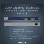 NETGEAR 26-Port PoE Gigabit Ethernet Smart Switch GS724TP - Managed, 24 x 1G, 24 x PoE+ @ 190W, 2 x 1G SFP, Optional Insight Cloud Management, Desktop or Rackmount, and Limited Lifetime Protection 88 TECH 