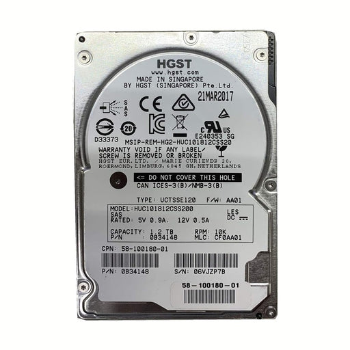 HGST 1.2TB HDD 10K RPM 2.5" 12Gb/s SAS Hard Disk Drive Model: HUC101812CSS200 DP/N: 0KV02 88 TECH 