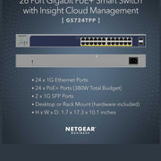 NETGEAR 26-Port PoE Gigabit Ethernet Smart Switch GS724TPP - Managed, Optional Insight Cloud Management, 24 x PoE+ @ 380W, 2 x 1G SFP, Desktop or Rackmount, and Limited Lifetime Protection 88 TECH 