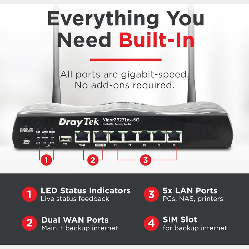 DrayTek Vigor 2927Lax-5G Dual AX3000 WiFi 6 WAN Ethernet Router 88 TECH 2927Lax-5G, DrayTek, Draytek Vigor, V2927LAX-5G-K, Vigor 2927Lax-5G, Vigor2927Lax-5G LTE Router