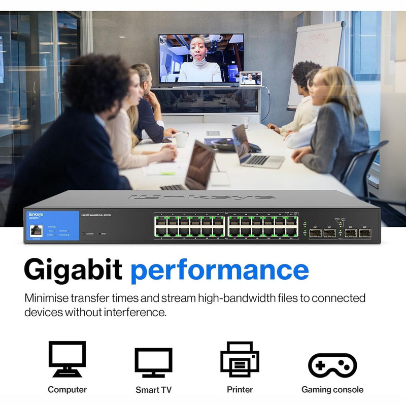 Linksys 24 Port Gigabit Managed Network Switch with 4 x 1Gb Uplink SFP Slots - POE / POE+ Ports, QOS, Static Routing, VLAN, IGMP Features - Metal Housing, Desktop or Wall Mount - LGS328PC 88 TECH 