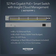 NETGEAR 52-Port PoE Gigabit Ethernet Smart Switch GS752TPP - Managed, Optional Insight Cloud Management, 48 x PoE+ @ 760W, 4 x 1G SFP, Desktop or Rackmount, and Limited Lifetime Protection 88 TECH 