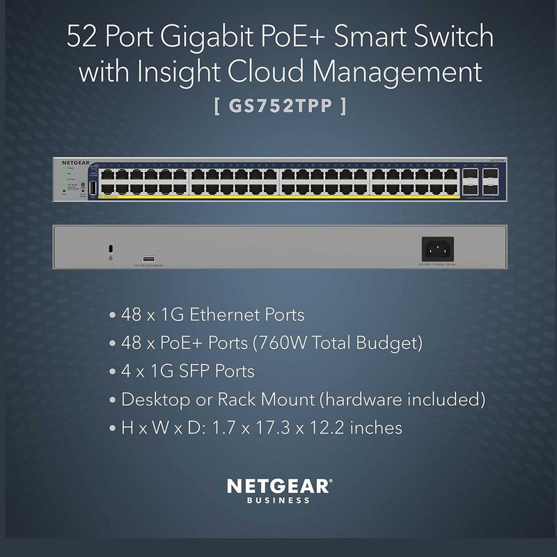 NETGEAR 52-Port PoE Gigabit Ethernet Smart Switch GS752TPP - Managed, Optional Insight Cloud Management, 48 x PoE+ @ 760W, 4 x 1G SFP, Desktop or Rackmount, and Limited Lifetime Protection 88 TECH 
