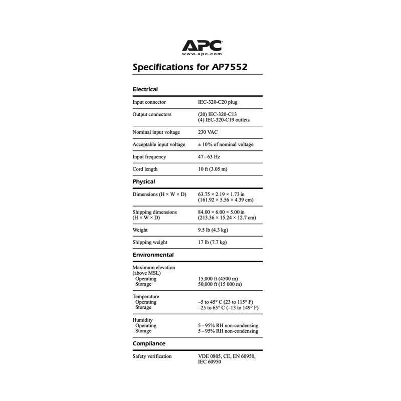 APC AP7552 Rack PDU,Basic, Zero U, 16A, 230V, 20 C13 & 4 C19 , IEC C20 APC AP7552, APC, PDU